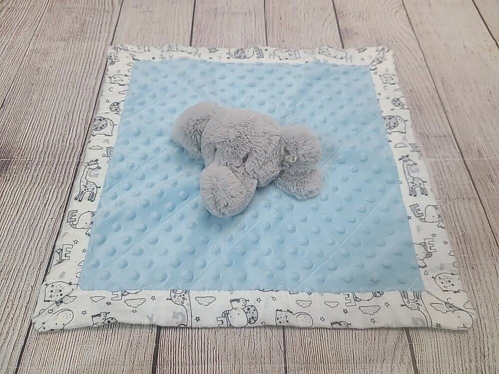 Handmade Plush Elephant Lovey Security Blanket Gray Blue White Swiss Dot Flannel